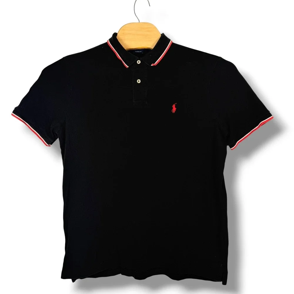 Polo Ralph Lauren Polo Shirt Mens L Black Classic Fit Cotton Contrast Trim Pony